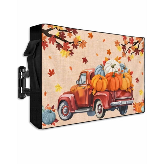 Outdoor TV Cover 70 to 75 Inch Weatherproof, Red Fall Farmhouse Truck Waterproof TV Screen Protector for Outside Decor with Zipper and Pocket 68"L x 42"H , Thanksgiving Pumpkin Maple Leaf