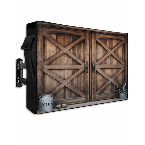 Outdoor TV Cover 70 to 75 Inch Weatherproof, Rustic Farmhouse Waterproof TV Screen Protector for Outside Decor with Zipper and Pocket 68"L x 42"H , Barn Door Countryside Brown