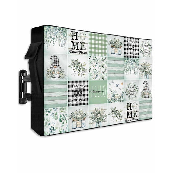 Outdoor TV Cover 70 to 75 Inch Weatherproof, Sage Green Farmhouse Plaid Waterproof TV Screen Protector for Outside Decor with Zipper and Pocket 68"L x 42"H , Summer Gnome Eucalyptus Leaves
