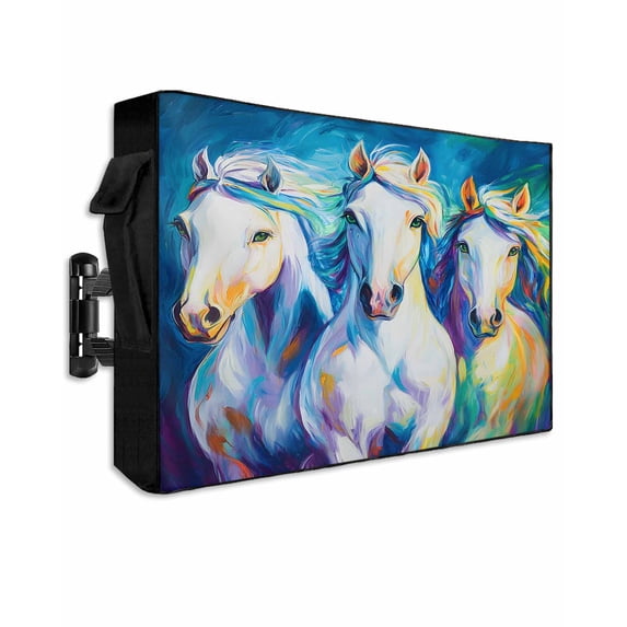Outdoor TV Cover 70 to 75 Inch Weatherproof, Watercolor Horse Pattern Waterproof TV Screen Protector for Outside Decor with Zipper and Pocket 68"L x 42"H , White Blue Turquoise Green