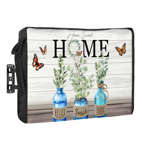 Outdoor TV Cover 70 to 75 Inches, Eucalyptus Leaves HOME Butterfly Bottle Vintage Wood Grain Waterproof TV Cover with Remote Control Pocket, Flat Screen TV Cover Protector for Outside TV