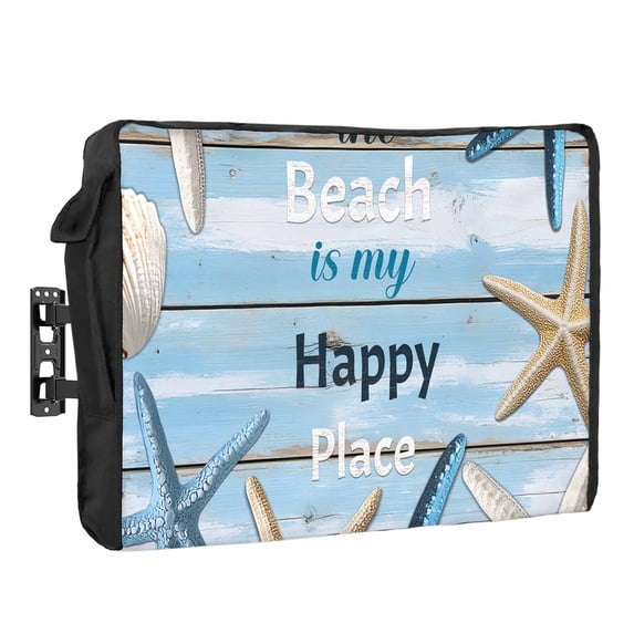 Outdoor TV Cover 70 to 75 Inches, Starfish Shell The Beach Is My Happy Place Wood Grain Waterproof and Weatherproof TV Cover with Remote Control Pocket, Flat Screen TV Cover Protector for Outside TV