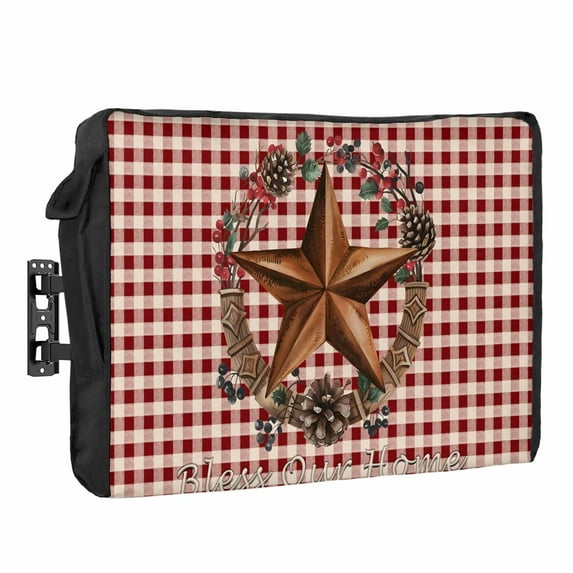 Outdoor TV Cover 80 to 85 Inches, Farmhouse Country Star Bless This Home Red Buffalo Plaid Waterproof TV Cover with Remote Control Pocket, Flat Screen TV Cover Protector for Outside TV