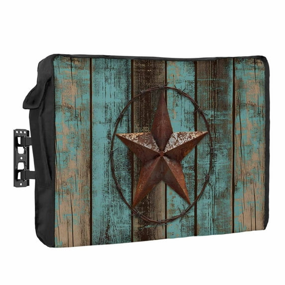 Outdoor TV Cover 80 to 85 Inches, Vintage Texas Star Country Star Brown Teal Wood Grain Waterproof and Weatherproof TV Cover with Remote Control Pocket, Flat Screen TV Cover Protector for Outside TV