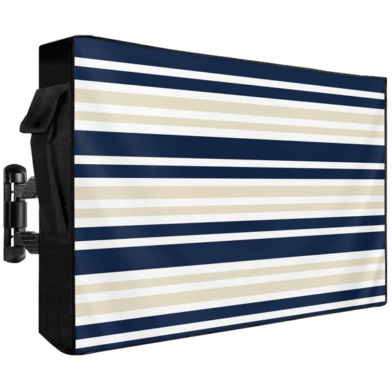 Outdoor TV Cover Navy Blue Khaki Striped Weatherproof Waterproof Outside TV Protector with Zipper,Smart Television Screen Cover for 60 to 65Inch Screens
