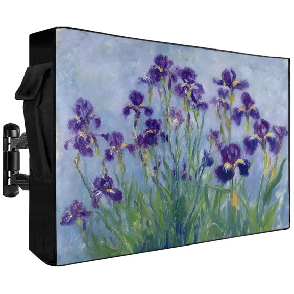 Outdoor TV Cover Watercolor Iris Purple Flower Weatherproof Waterproof Outside TV Protector with Zipper,Spring Floral Green Leaves Smart Television Screen Cover for 60 to 65Inch Screens