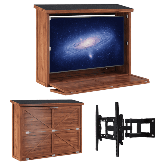 Outdoor TV Enclosure 55 Inch, Wood Weatherproof TV Box with Adjustable Wall Mount, Vertical Door Protective Cabinet for Patio Deck, Space Saving Easy Access