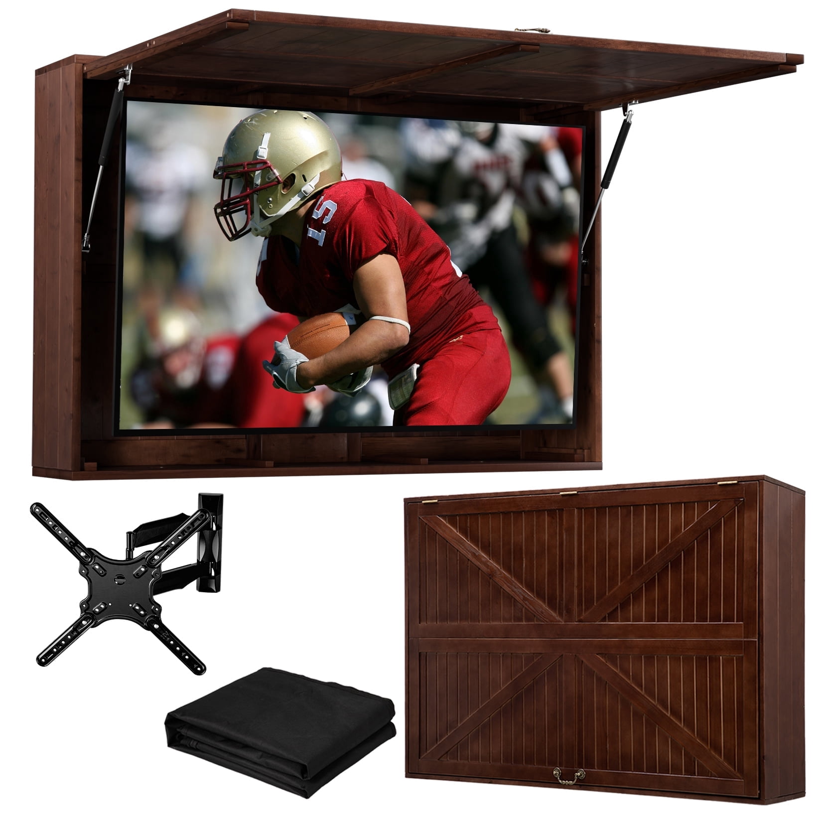 Outdoor TV Hard Cover, Solid Wood Weatherproof TV Enclosure w/ Wall Mounting Bracket , 600D Oxford Outdoor TV Cover (Fits 32-55 Inches), Walmut