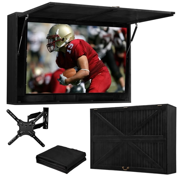 Outdoor TV Hard Cover, Solid Wood Weatherproof TV Enclosure w/ Wall Mounting Bracket , 600D Oxford Outdoor TV Cover (Fits 32-55 Inches), Black