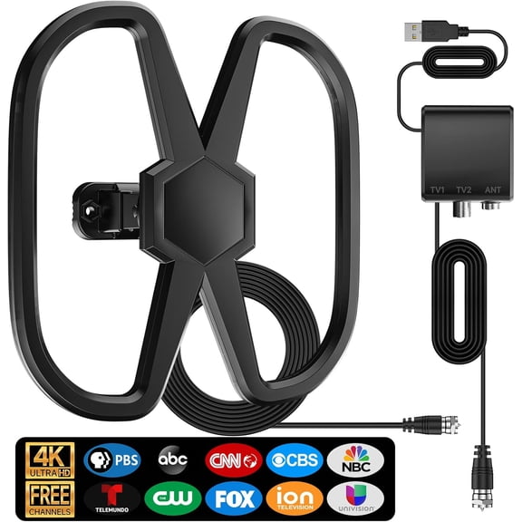 Outdoor TV antenna- supports 2 TVs, 5300+ mile long-range digital TV antenna smart TV indoor, best antenna 360-degree reception of local channels, strongest signal amplifier- supports 841080-38 feet