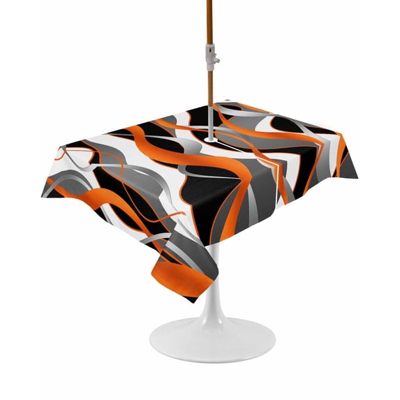 Outdoor Table Cloth with Umbrella Hole and Zipper, Abstract Stripes Waterproof Rectangle Tablecloth 54"x80", Retro Modern Orange Black Gray Lines Washable Table Cover for Outside Party Patio Picnic