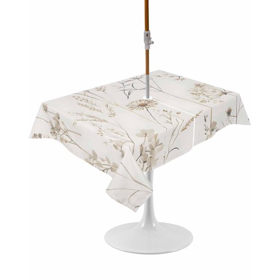 Outdoor Table Cloth with Umbrella Hole and Zipper, Beige Black Botanical Waterproof Rectangle Tablecloth 54"x80", Watercolor Floral Vintage Washable Table Cover for Outside Party Patio Picnic