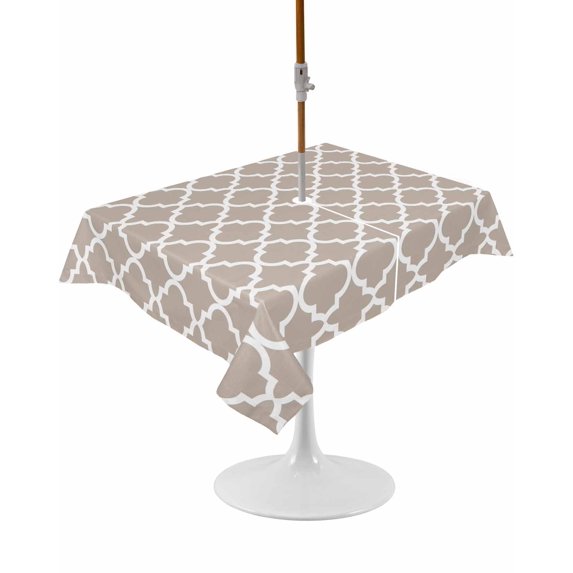 Outdoor Table Cloth with Umbrella Hole and Zipper, Beige Moroccon Waterproof Rectangle Tablecloth 60"x102", Farmhouse Minimalist Abstract Geometric Washable Table Cover for Outside Party Patio Picnic