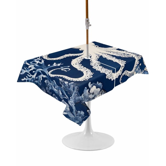Outdoor Table Cloth with Umbrella Hole and Zipper, Beige Octopus Coastal Waterproof Rectangle Tablecloth 54"x80", Navy Blue Nautical Ocean Coral Washable Table Cover for Outside Party Patio Picnic