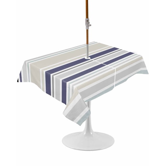 Outdoor Table Cloth with Umbrella Hole and Zipper,Beige Stripe Waterproof Rectangle Tablecloth 54"x80",Modern Abstract Art Navy Blue Striped Rustic Washable Table Cover for Outside Party Patio Picnic