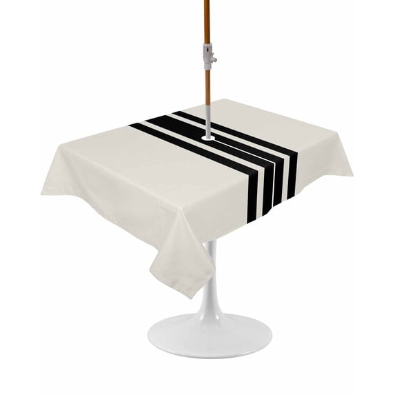 Outdoor Table Cloth with Umbrella Hole and Zipper, Black Geometric Stripe Waterproof Rectangle Tablecloth 60"x84", Abstract Farmhouse Style Washable Table Cover for Outside Party Patio Picnic