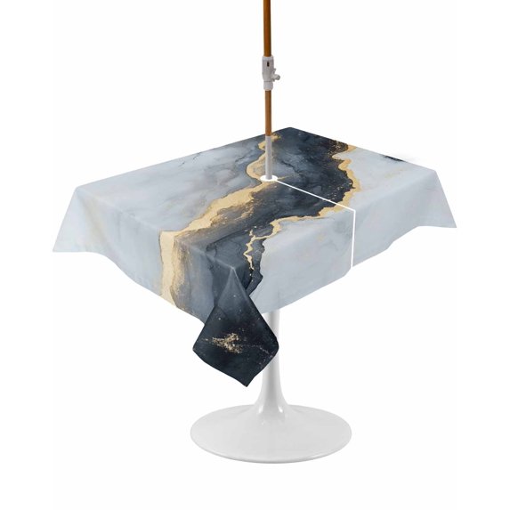 Outdoor Table Cloth with Umbrella Hole and Zipper, Black Marble Waterproof Rectangle Tablecloth 60"x102", Modern Abstract Art Ink Painted Washable Table Cover for Outside Party Patio Picnic