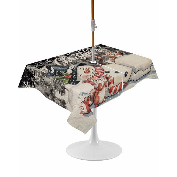 Outdoor Table Cloth with Umbrella Hole and Zipper, Black Snowman Christmas Waterproof Rectangle Tablecloth 60"x102", Xmas Tree Rustic Snowflake Washable Table Cover for Outside Party Patio Picnic