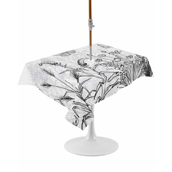 Outdoor Table Cloth with Umbrella Hole and Zipper, Black Spring Floral Waterproof Rectangle Tablecloth 54"x80", Summer Botanical Butterfly Modern Washable Table Cover for Outside Party Patio Picnic