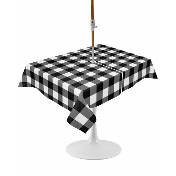 Outdoor Table Cloth with Umbrella Hole and Zipper, Black White Plaid Waterproof Rectangle Tablecloth 52"x70", Modern Simple Buffalo Check Gingham Washable Table Cover for Outside Party Patio Picnic
