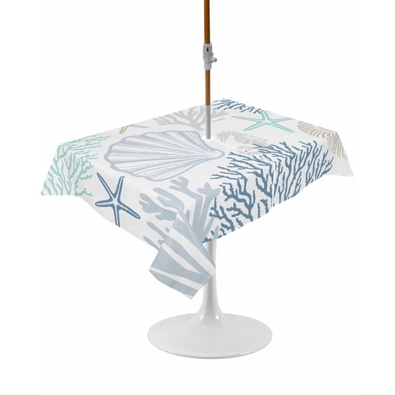 Outdoor Table Cloth with Umbrella Hole and Zipper,Blue Aqua Grey Coastal Waterproof Rectangle Tablecloth 54"x80",Summer Beach Coral Shell Starfish Washable Table Cover for Outside Party Patio Picnic
