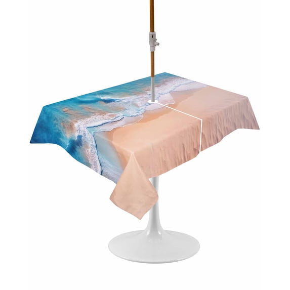 Outdoor Table Cloth with Umbrella Hole and Zipper, Blue Beach Waterproof Rectangle Tablecloth 54"x80", Summer Ocean Coastal Nautical Seaside Washable Table Cover for Outside Party Patio Picnic