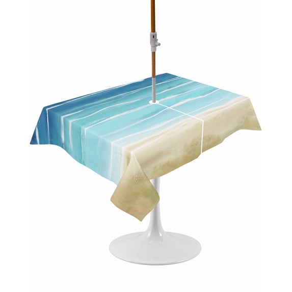Outdoor Table Cloth with Umbrella Hole and Zipper, Blue Beige Ombre Waterproof Rectangle Tablecloth 60"x102", Coastal Nautical Summer Beach Wave Washable Table Cover for Outside Party Patio Picnic