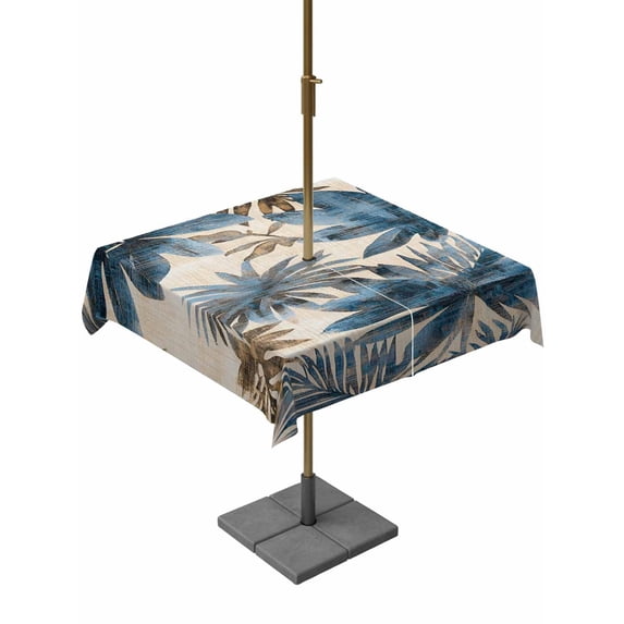 Outdoor Table Cloth with Umbrella Hole and Zipper, Blue Brown Palm Leaf Waterproof Square Tablecloth 54"x54", Rustic Summer Botanical Elegant Washable Table Cover for Outside Party Patio Picnic