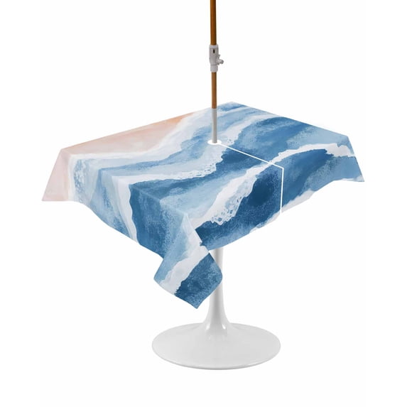 Outdoor Table Cloth with Umbrella Hole and Zipper, Blue Coastal Beach Waterproof Rectangle Tablecloth 54"x80", Modern Oil Painting Nautical Washable Table Cover for Outside Party Patio Picnic