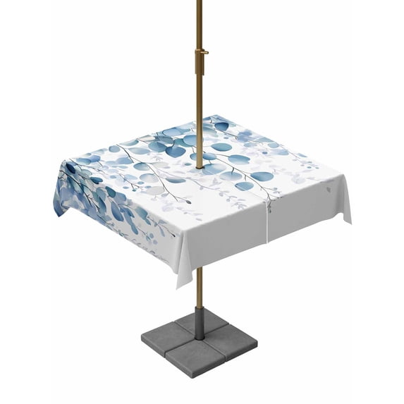 Outdoor Table Cloth with Umbrella Hole and Zipper, Blue Eucalyptus Leaves Waterproof Square Tablecloth 54"x54", Summer Botanical Weeping Washable Table Cover for Outside Party Patio Picnic
