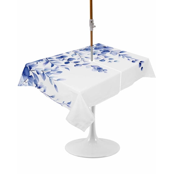 Outdoor Table Cloth with Umbrella Hole and Zipper,Blue Eucalyptus Waterproof Rectangle Tablecloth 60"x102",Botanical Plant Rustic Succulent Branch Washable Table Cover for Outside Party Patio Picnic