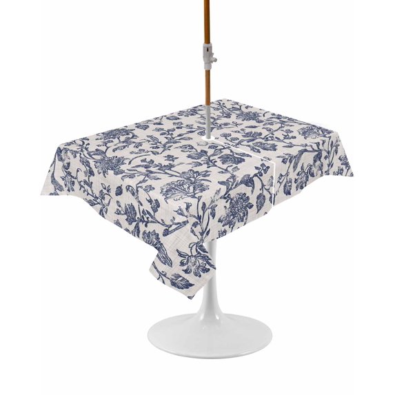 Outdoor Table Cloth with Umbrella Hole and Zipper, Blue Floral Leaf Waterproof Rectangle Tablecloth 60"x102", Retro Farmhouse Plant Tree Branch Washable Table Cover for Outside Party Patio Picnic