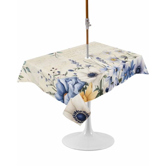 Outdoor Table Cloth with Umbrella Hole and Zipper, Blue Flowers Waterproof Rectangle Tablecloth 60"x102", Eucalyptus Farmhouse Floral Butterfly Washable Table Cover for Outside Party Patio Picnic
