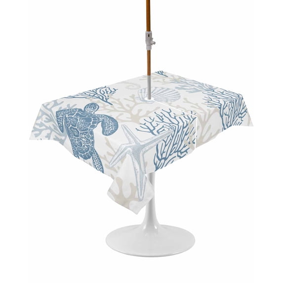 Outdoor Table Cloth with Umbrella Hole and Zipper,Blue Grey Coastal Waterproof Rectangle Tablecloth 52"x70",Sea Turtle Nautical Coral Summer Beach Washable Table Cover for Outside Party Patio Picnic