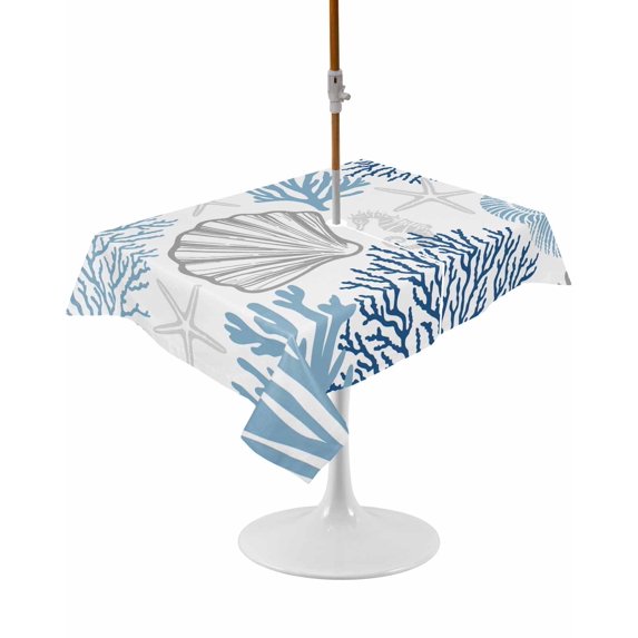 Outdoor Table Cloth with Umbrella Hole and Zipper, Blue Grey Coastal Waterproof Rectangle Tablecloth 52"x70", Summer Beach Coral Shell Starfish Washable Table Cover for Outside Party Patio Picnic