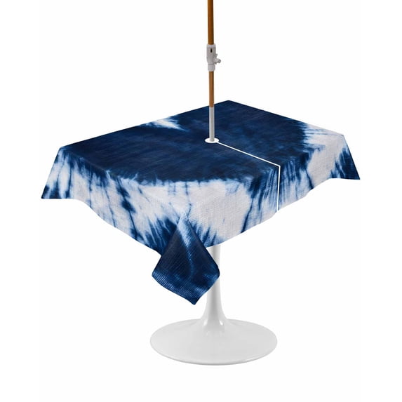 Outdoor Table Cloth with Umbrella Hole and Zipper, Blue Love Heart Waterproof Rectangle Tablecloth 60"x102", Boho Ethnic Modern Funny Tie Dye Art Washable Table Cover for Outside Party Patio Picnic