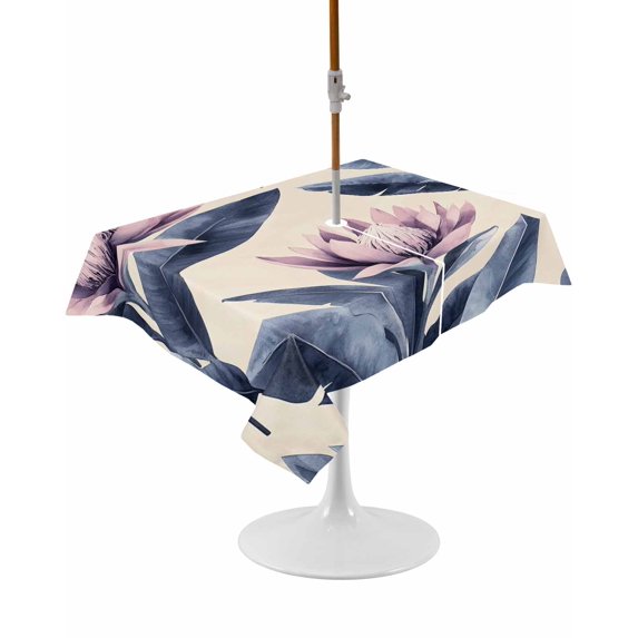 Outdoor Table Cloth with Umbrella Hole and Zipper, Blue Pink Purple Floral Waterproof Rectangle Tablecloth 54"x80", Blooms Botanical Oil Painting Washable Table Cover for Outside Party Patio Picnic