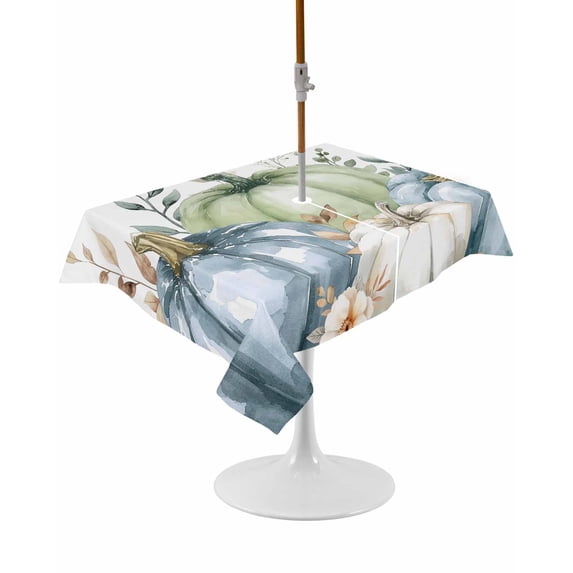 Outdoor Table Cloth with Umbrella Hole and Zipper, Blue Pumpkin Fall Waterproof Rectangle Tablecloth 60"x102", Green Thanksgiving Leaves Floral Washable Table Cover for Outside Party Patio Picnic