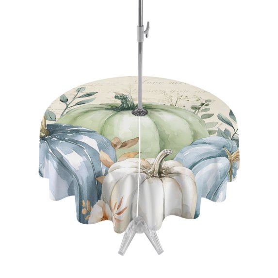 Outdoor Table Cloth with Umbrella Hole and Zipper, Blue Pumpkin Fall Waterproof Round Tablecloth 60 Inch, Green Thanksgiving Leaves Pastoral Washable Table Cover for Outside Party Patio Picnic