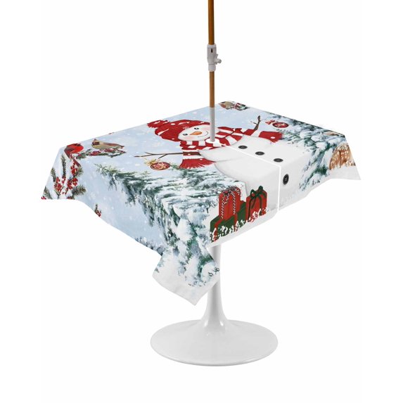 Outdoor Table Cloth with Umbrella Hole and Zipper, Blue Snowman Christmas Waterproof Rectangle Tablecloth 54"x80", Xmas Tree Branch Birds Washable Table Cover for Outside Party Patio Picnic