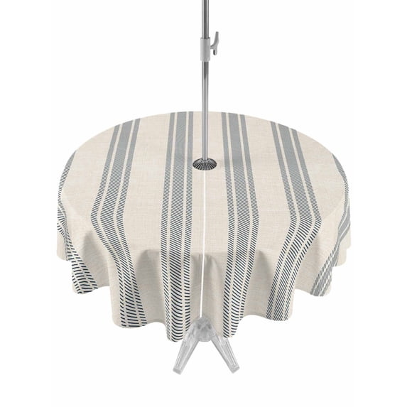 Outdoor Table Cloth with Umbrella Hole and Zipper, Blue Striped Waterproof Round Tablecloth 54 Inch, Modern Farmhouse Stripes Rustic Washable Table Cover for Outside Party Patio Picnic
