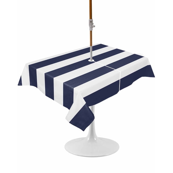 Outdoor Table Cloth with Umbrella Hole and Zipper, Blue Stripes Waterproof Rectangle Tablecloth 54"x80", Simple Blue White Texture Washable Table Cover for Outside Party Patio Picnic