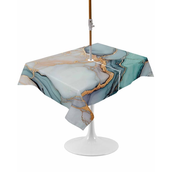 Outdoor Table Cloth with Umbrella Hole and Zipper, Blue Teal Marble Waterproof Rectangle Tablecloth 60"x102", Modern Ink Painting Abstract Washable Table Cover for Outside Party Patio Picnic