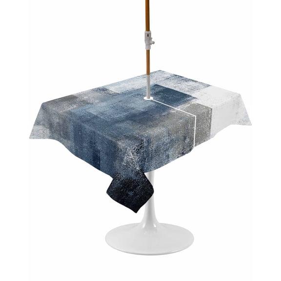 Outdoor Table Cloth with Umbrella Hole and Zipper, Blue Waterproof Rectangle Tablecloth 60"x84", Retro Oil Painted Modern Abstract Art Washable Table Cover for Outside Party Patio Picnic