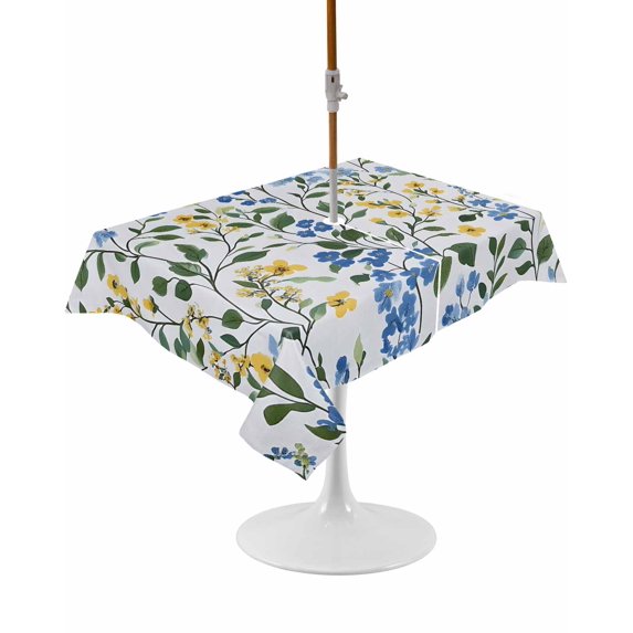Outdoor Table Cloth with Umbrella Hole and Zipper,Blue Yellow Floral Spring Waterproof Rectangle Tablecloth 60"x102",Green Pastoral Summer Botanical Table Cover for Outside Party Patio Picnic
