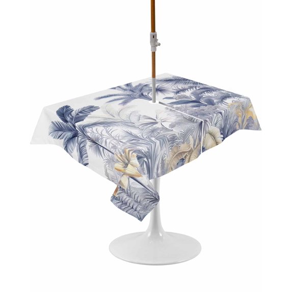 Outdoor Table Cloth with Umbrella Hole and Zipper, Blue Yellow Palm Tree Waterproof Rectangle Tablecloth 54"x80", Summer Botanical Tropical Washable Table Cover for Outside Party Patio Picnic