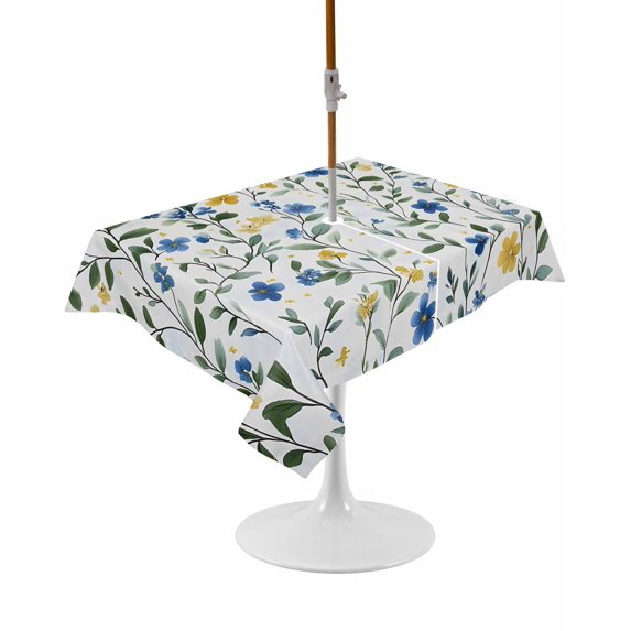 Outdoor Table Cloth with Umbrella Hole and Zipper,Blue Yellow Spring Floral Waterproof Rectangle Tablecloth 54"x80",Elegant Summer Botanical Green Washable Table Cover for Outside Party Patio Picnic