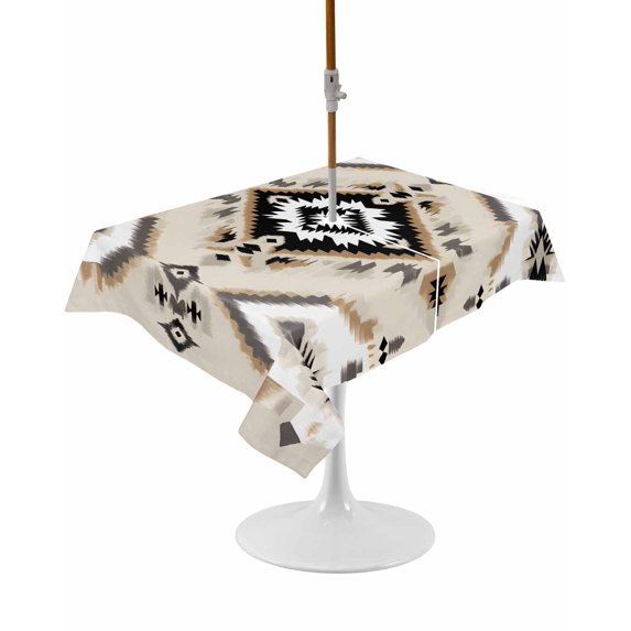 Outdoor Table Cloth with Umbrella Hole and Zipper, Boho Black Brown Waterproof Rectangle Tablecloth 54"x80", Vintage Southwestern Ethnic Geometric Washable Table Cover for Outside Party Patio Picnic