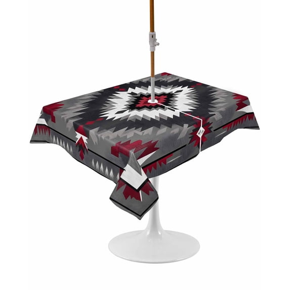 Outdoor Table Cloth with Umbrella Hole and Zipper, Boho Red Grey Waterproof Rectangle Tablecloth 60"x102", Geometric Southwestern Retro Ethnic Washable Table Cover for Outside Party Patio Picnic