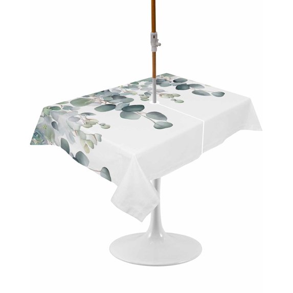 Outdoor Table Cloth with Umbrella Hole and Zipper, Botanical Teal Waterproof Rectangle Tablecloth 60"x102", Watercolor Eucalyptus Leaves Spring Washable Table Cover for Outside Party Patio Picnic